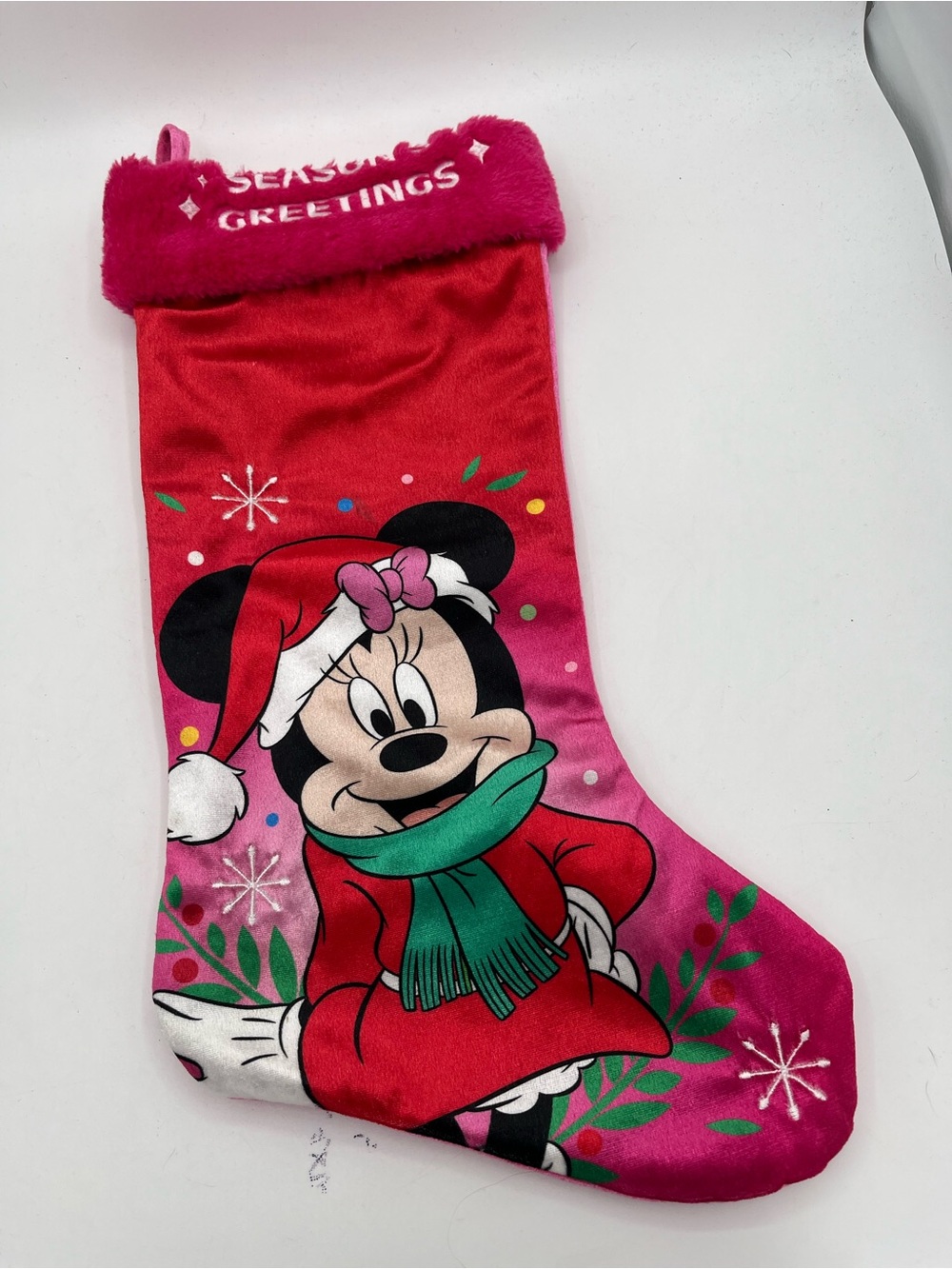 Disney Red and Pink Minnie Mouse Holiday Stocking with Green Accent